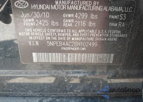 2011 Hyundai Sonata Gls z USA, uszkodzony, nr VIN 5NPEB4AC2BH102499